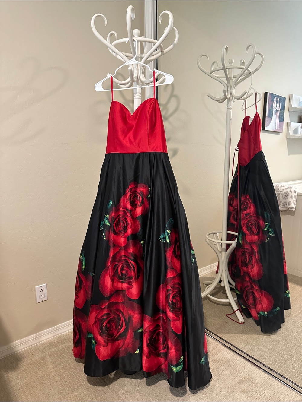 David's Bridal Red and Black Floral Maxi Dress